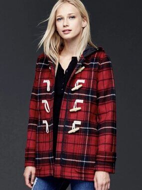 🧥 GAP Plaid Wool Toggle Coat Red Black Women's Medium Hooded Duffle Jacket 🧥